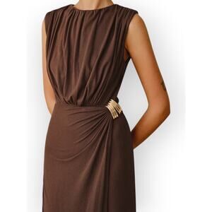 Commense Brown Ruched Maxi Dress Metal Buckle Sleeveless XL Modern Chic Elegant